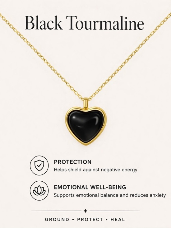 Jewelry - Black Tourmaline Heart Pendant Necklace Gold Chain Natural Gemstone
